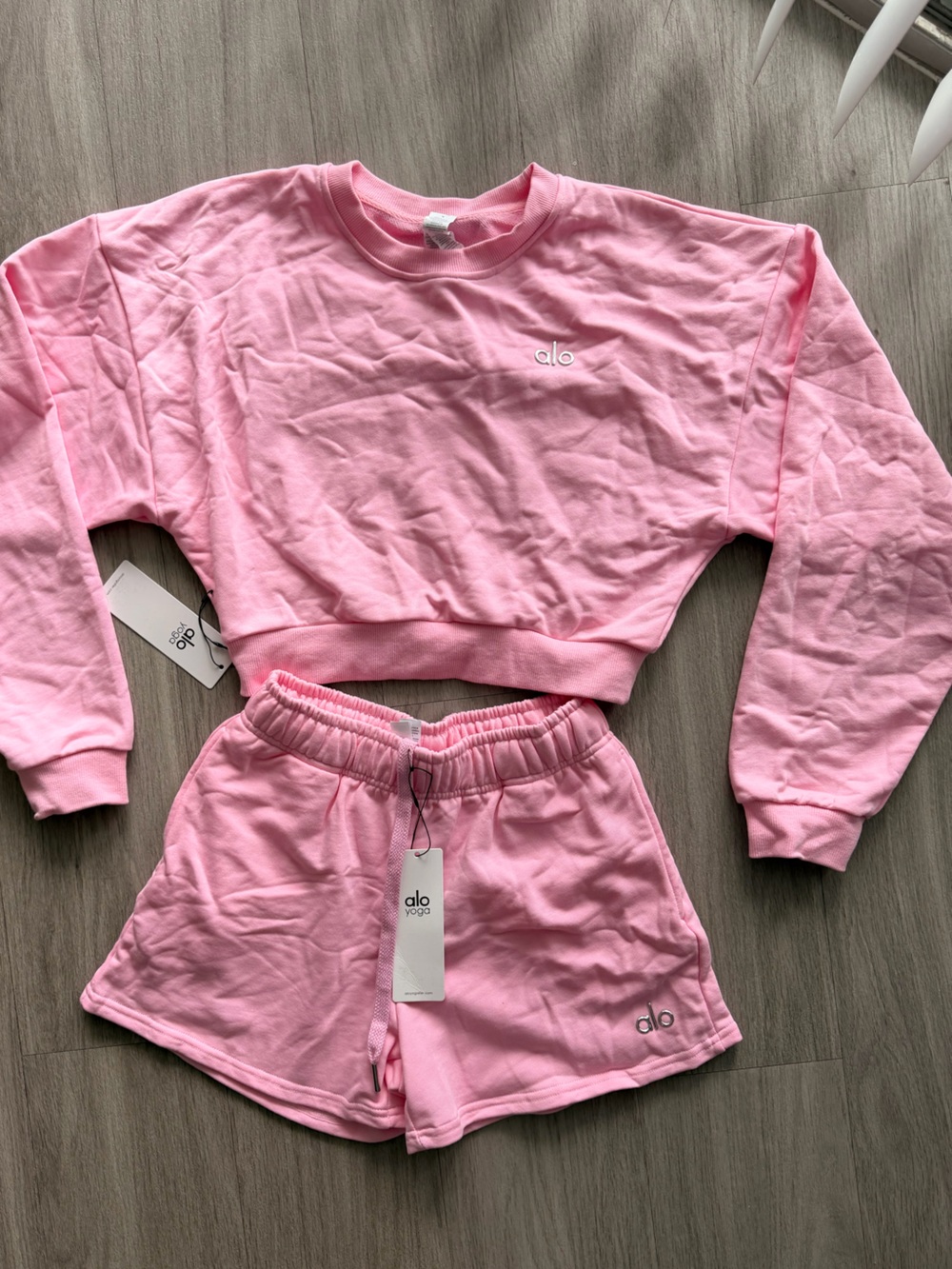 ALO Yoga Pink Cropped Sweatshirt & Shorts Set